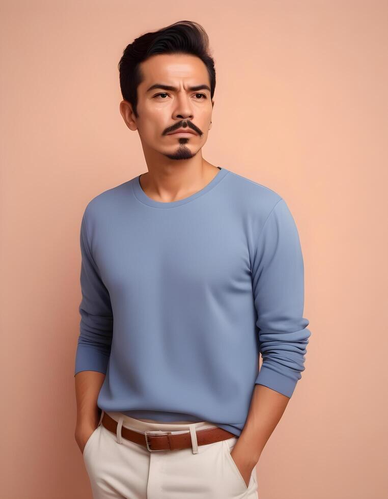 Handsome Mexican man in trendy casual wear standing confidently against a simple background photo