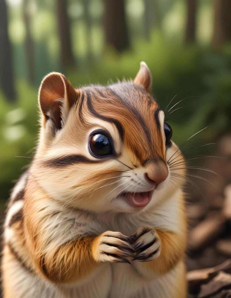 Female chipmunk with cheek pouches full of food and bright eyes in soft forest light photo