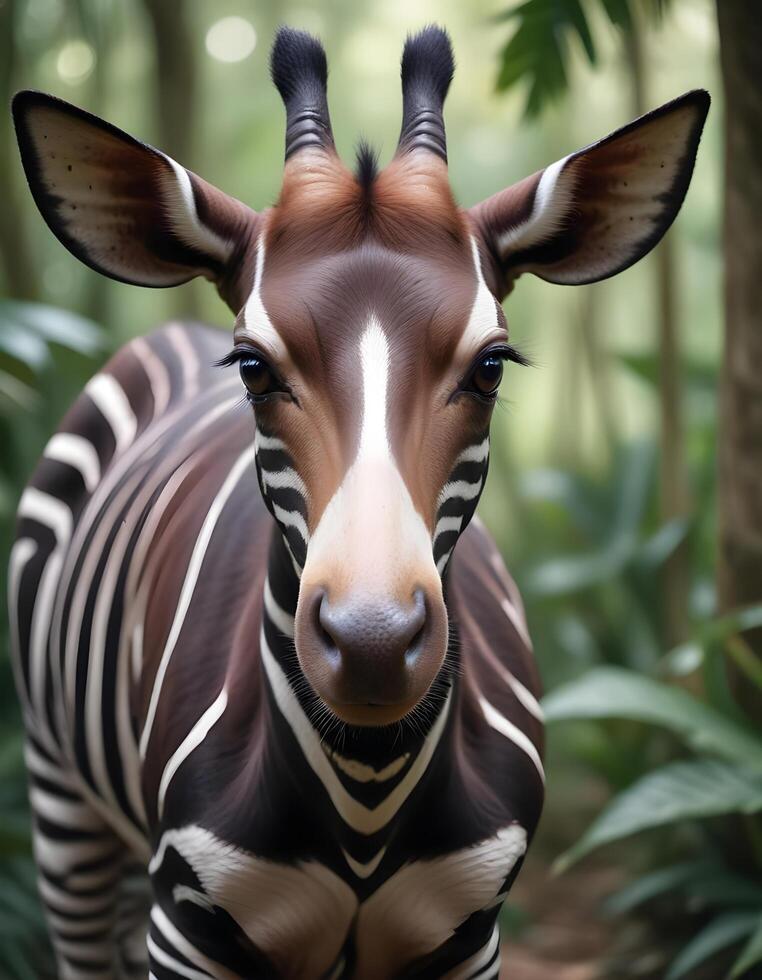 Female okapi with black and white striped legs and alert eyes in jungle setting photo