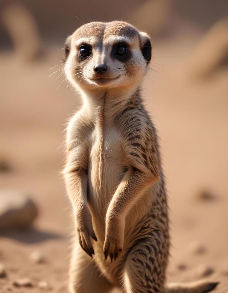 Detailed close up of a meerkat, capturing its alert expression, delicate whiskers, and the way sunlight enhances the texture of its fur photo