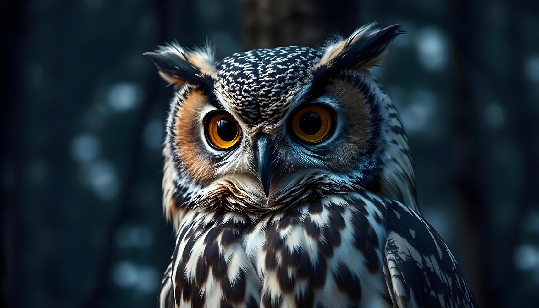 Intricate owl portrait with moody forest backdrop photo