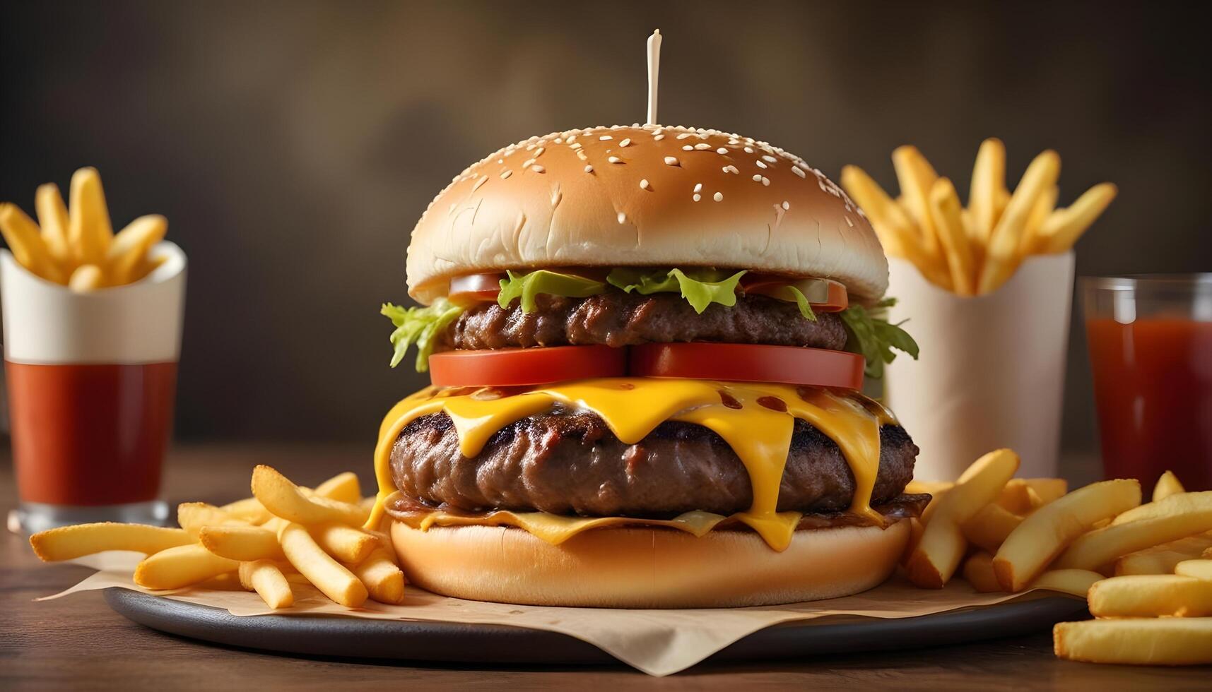 Juicy double cheeseburger with lettuce, tomato, and crispy fries photo