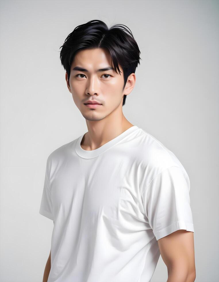 Confident Japanese male model standing poised, set against a plain backdrop photo