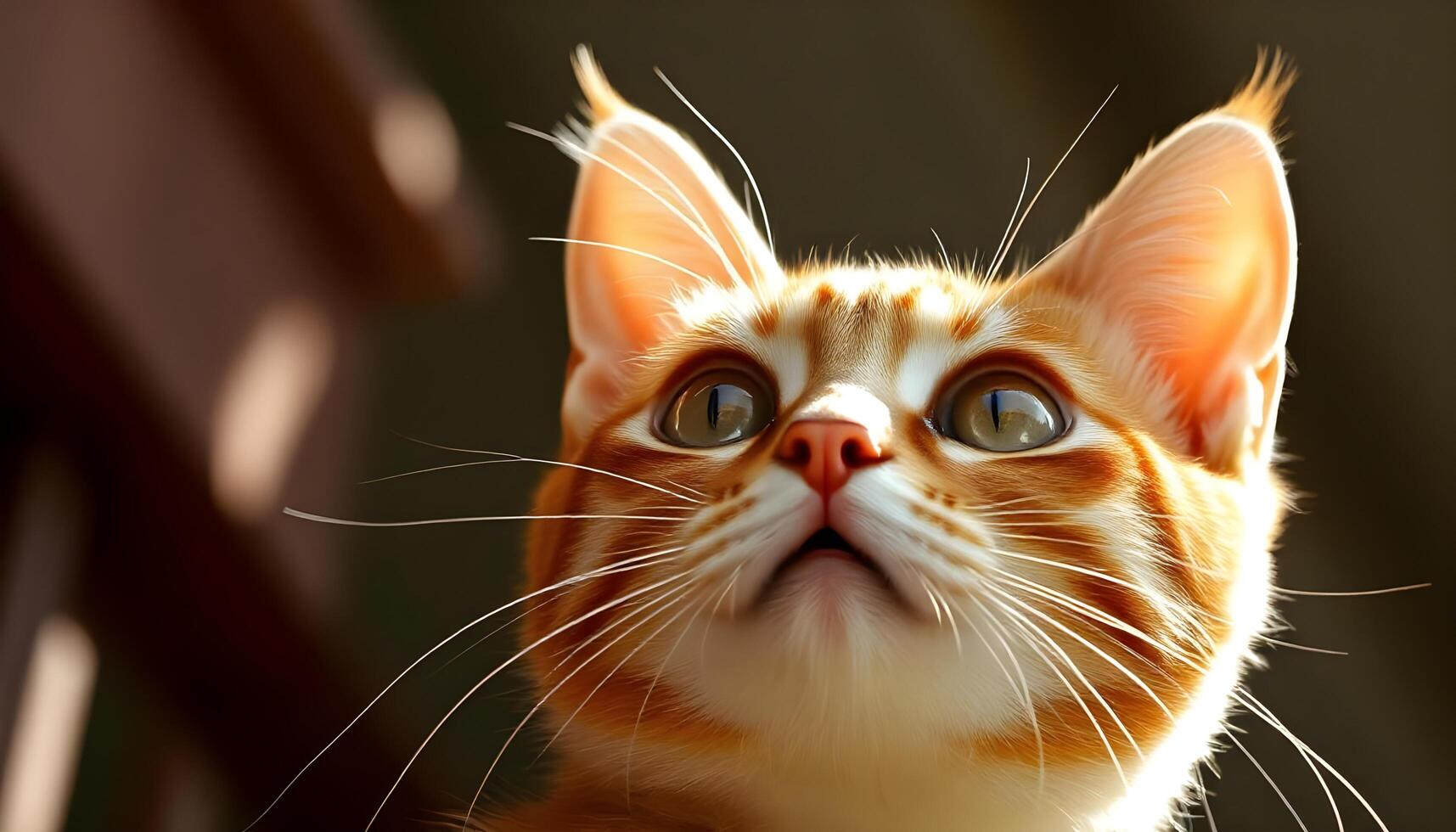 Close up of an orange tabby cat with glowing amber eyes and sunlit fur photo
