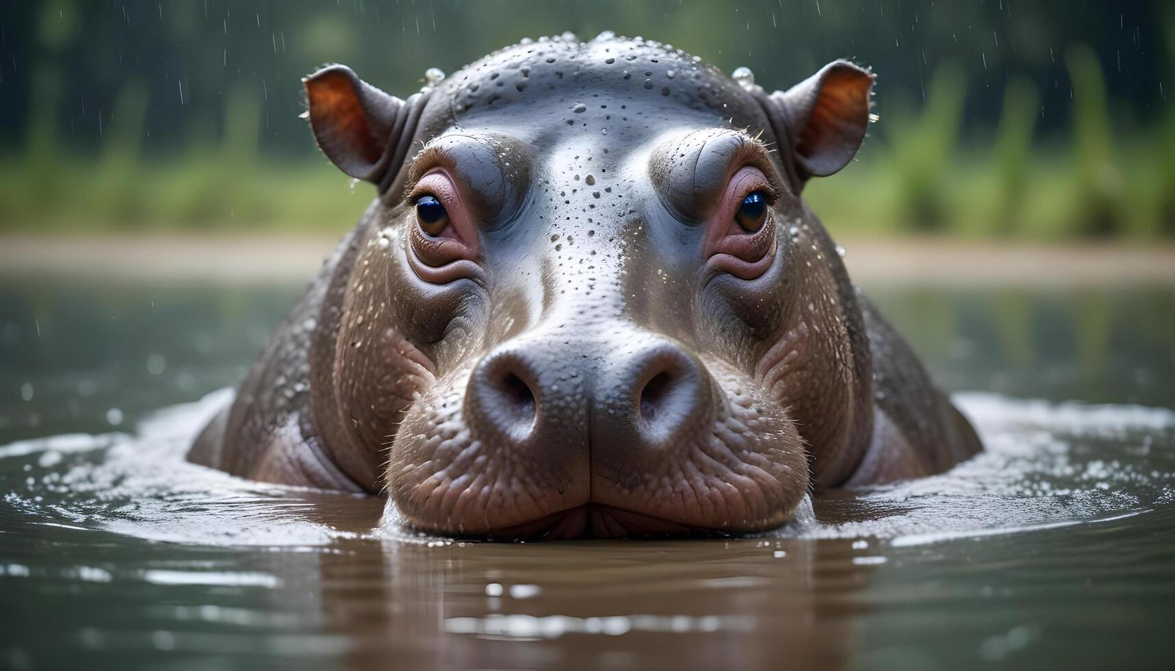Expressive young hippopotamus with a damp snout and small, alert eyes in natural light photo
