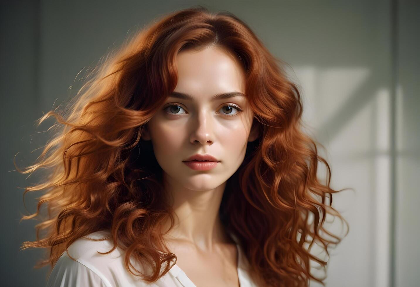 Intense portrait of a Russian woman with glossy hair and piercing eyes in a professional studio photo