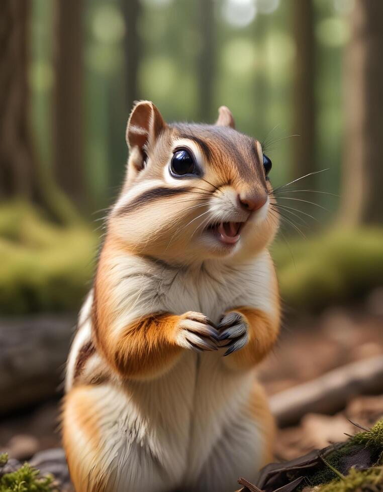 Female chipmunk with full cheek pouches and alert eyes in woodland background photo