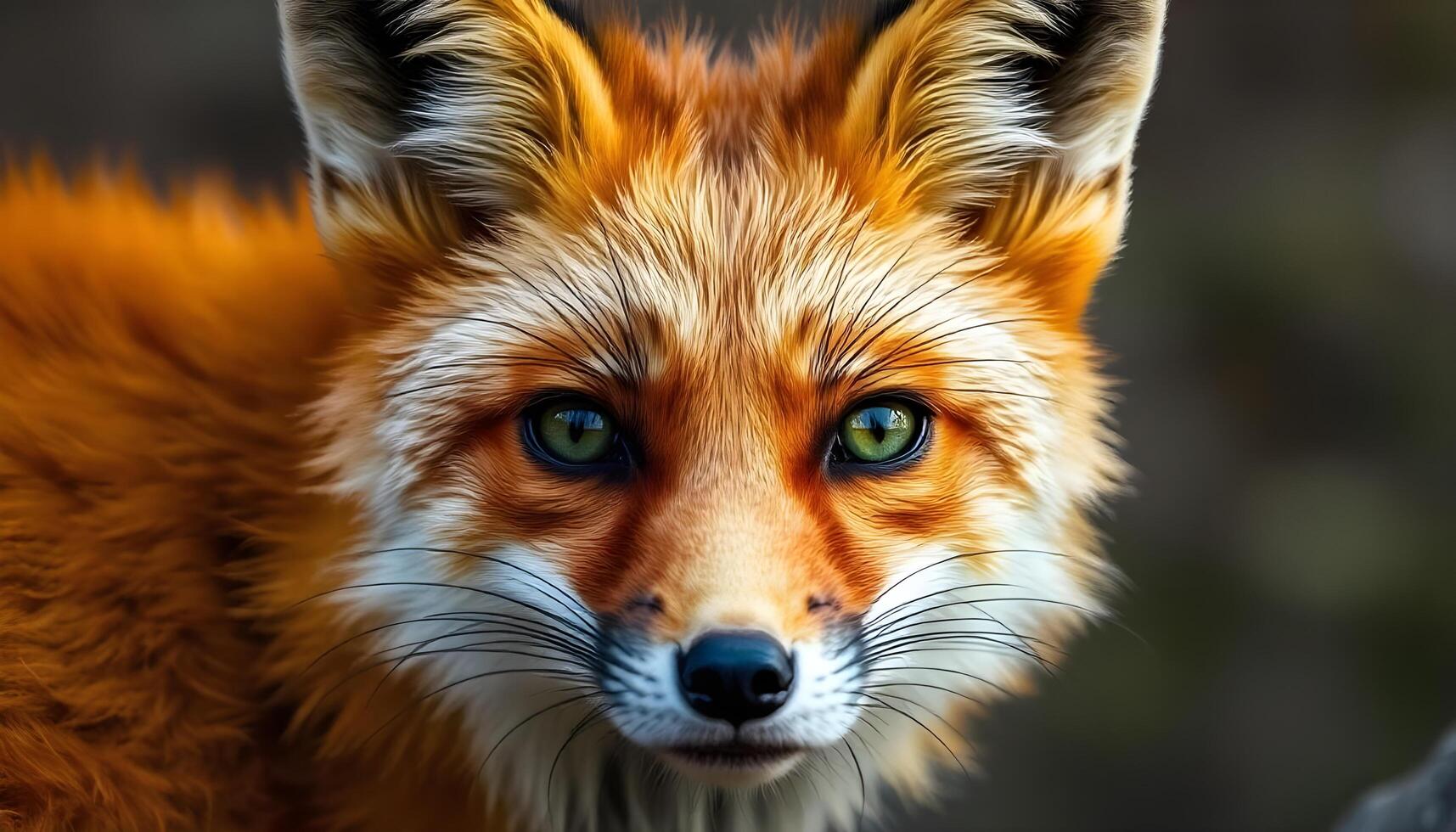Female red fox with a lush orange coat and striking green eyes in a detailed close up photo