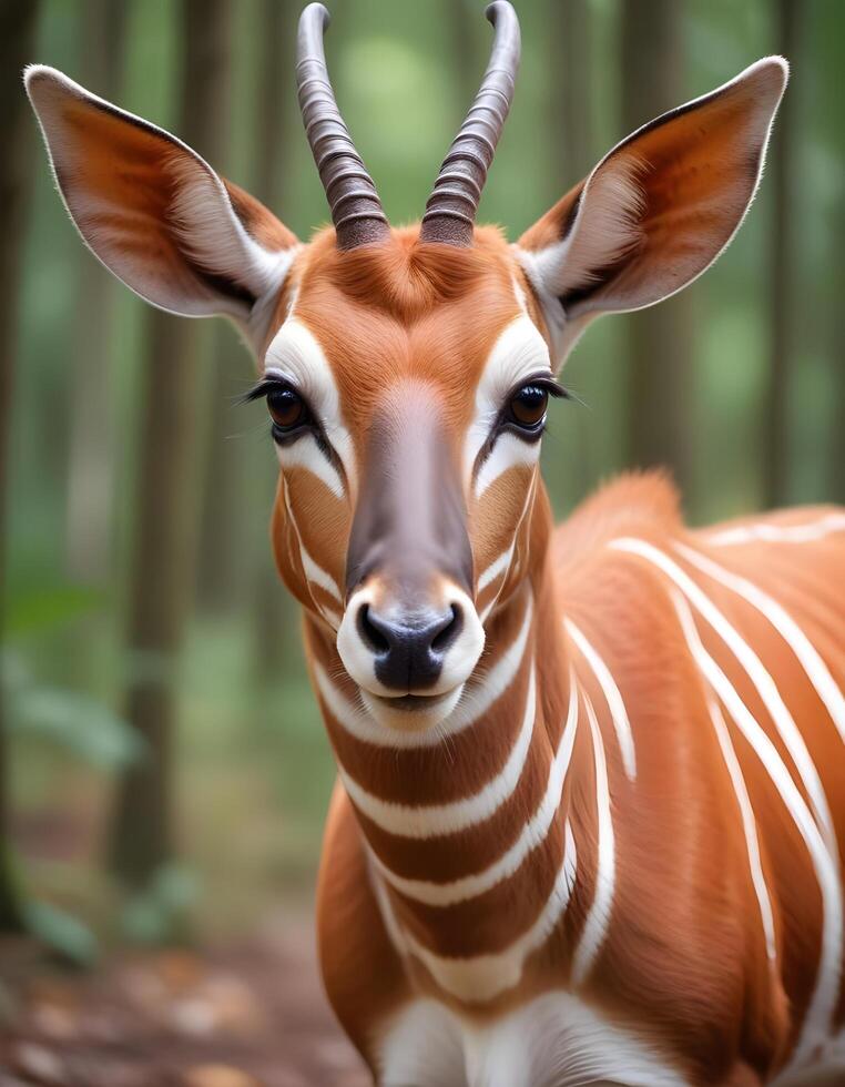 Female bongo antelope with orange and white striped coat and detailed eyes photo