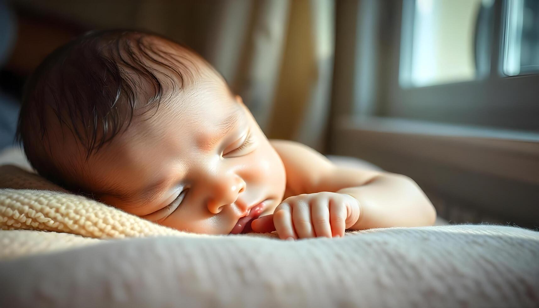 Newborn baby sleeping on a cream colored blanket, with tiny fingers and soft natural light photo