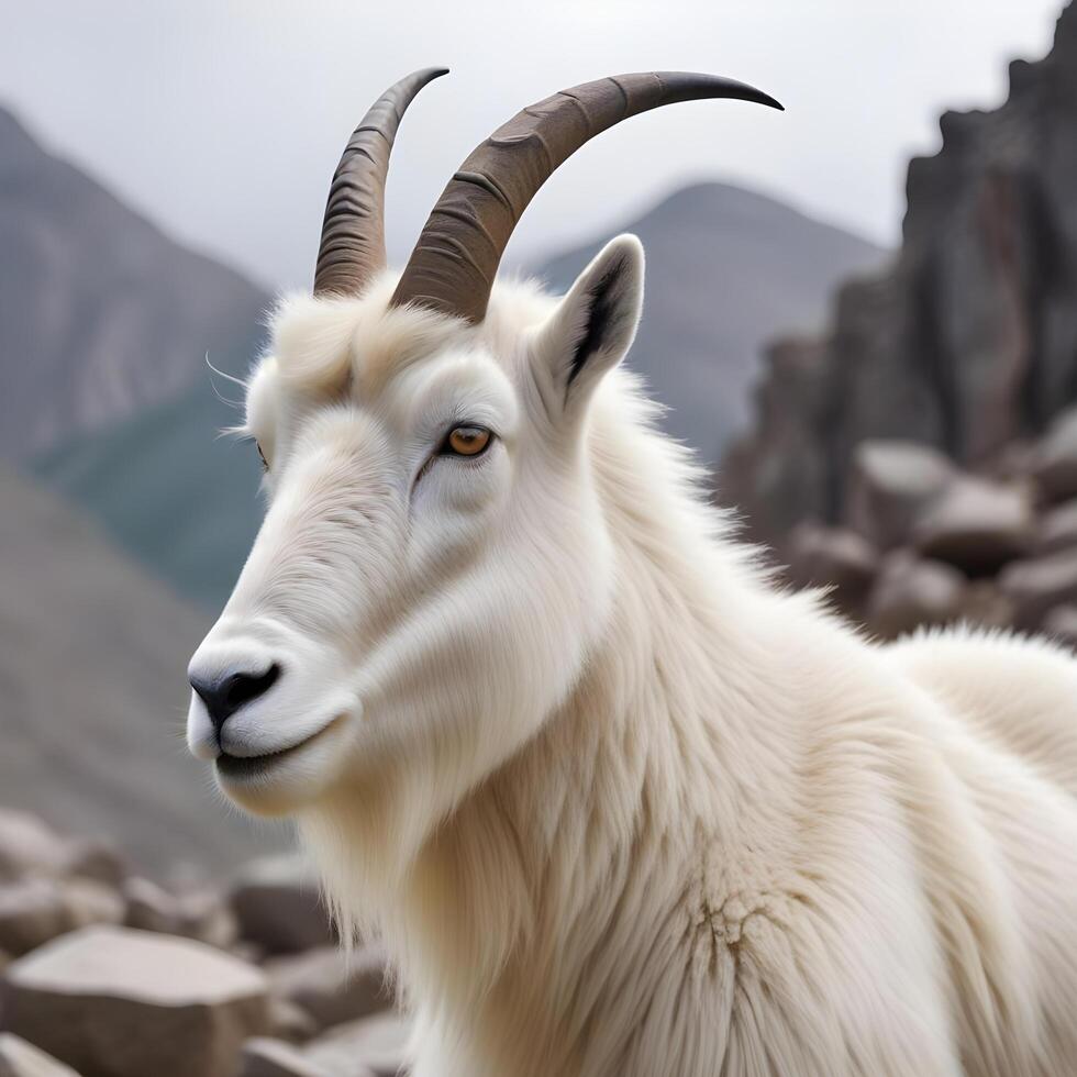 Close up of a female mountain goat with curved horns and alert eyes photo