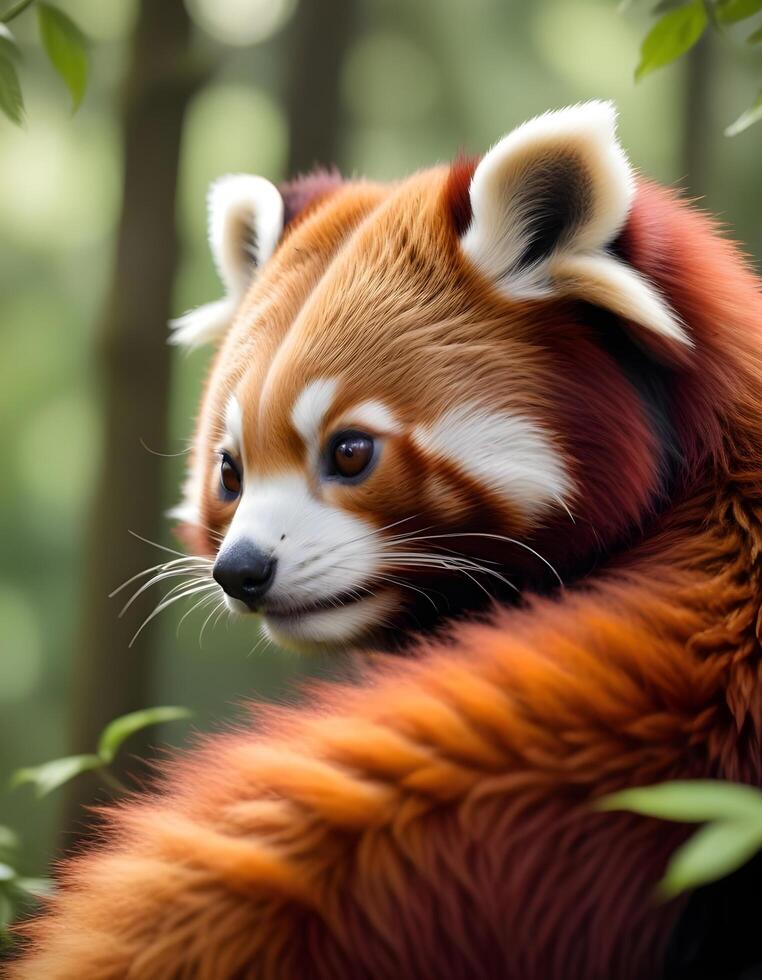 Portrait of a red panda, highlighting her playful expression, vibrant orange red fur, and soft focus on her thick, fluffy tail in a woodland setting photo