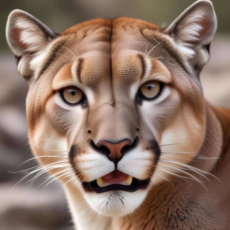 Wild mountain lion staring intently, showcasing fine whiskers and rugged coat texture photo