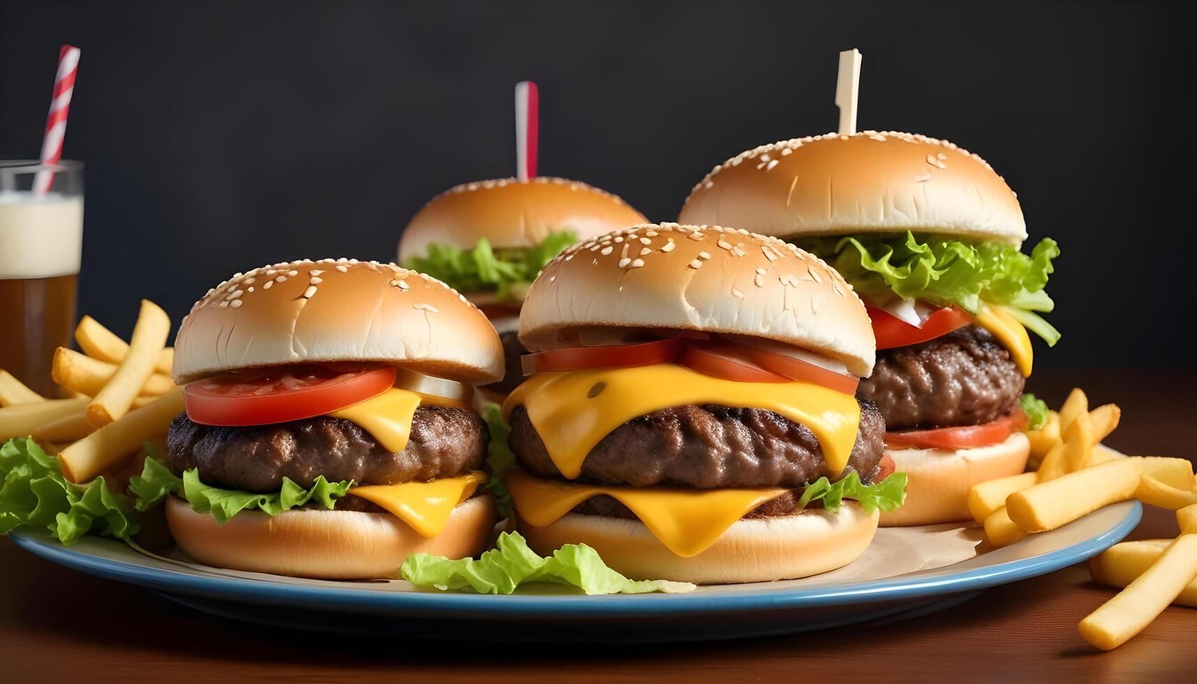 Perfectly stacked double cheeseburger with all the fixings and fries photo