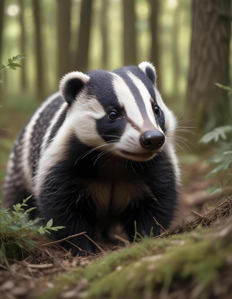 Male Badger with Fine Fur Detail and Intrigued Expression in the Forest photo