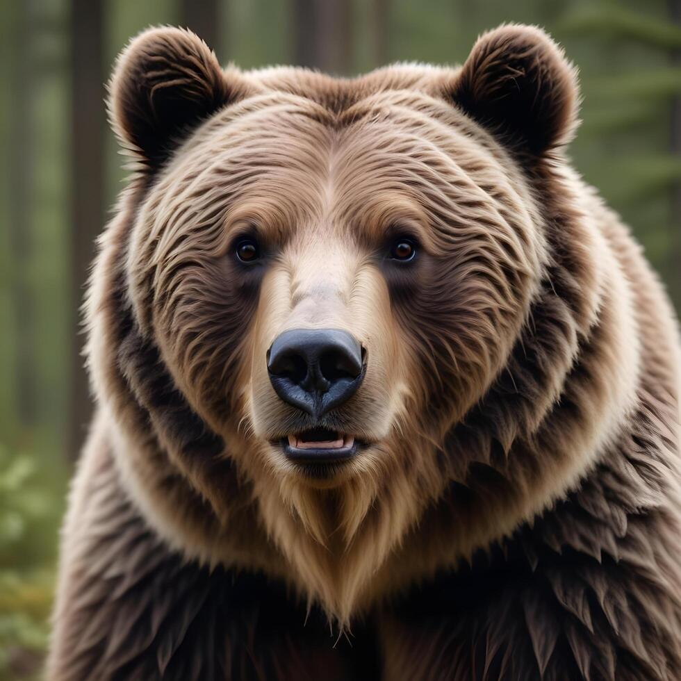 Male Grizzly Bear in Forest with Intense Expression and Matted Fur photo