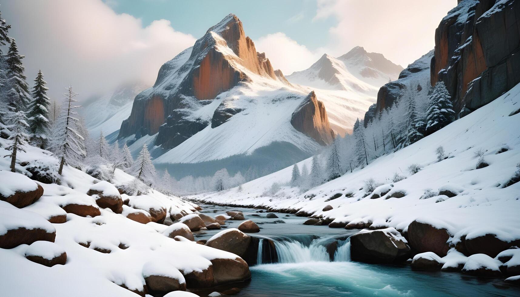A river flows through a snowy mountain range photo