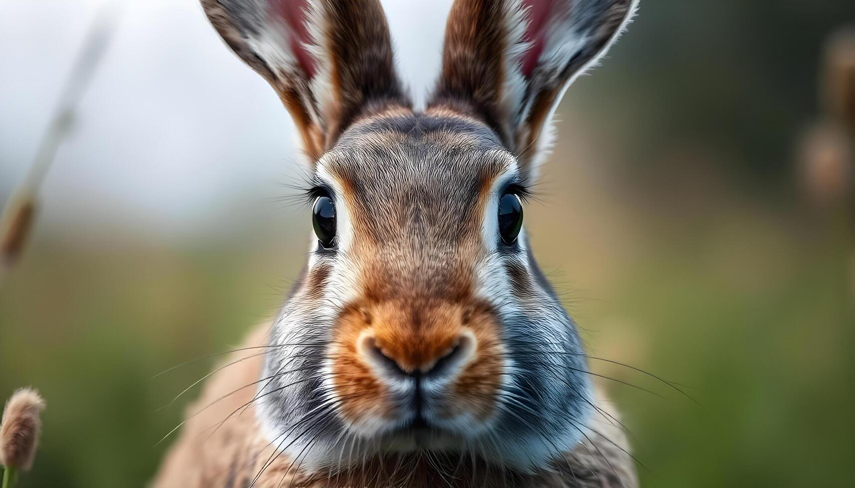 Male European hare with detailed fur and sharp eyes in serene meadow setting photo