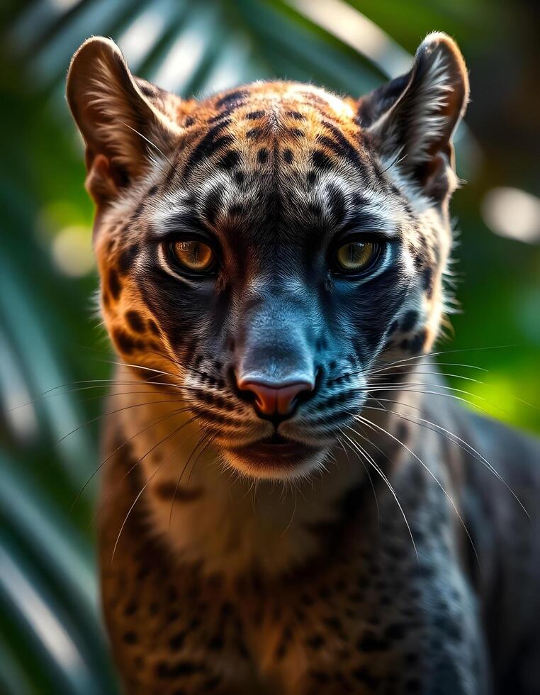 Jaguarundi with intense eyes and smooth fur in serene tropical environment photo