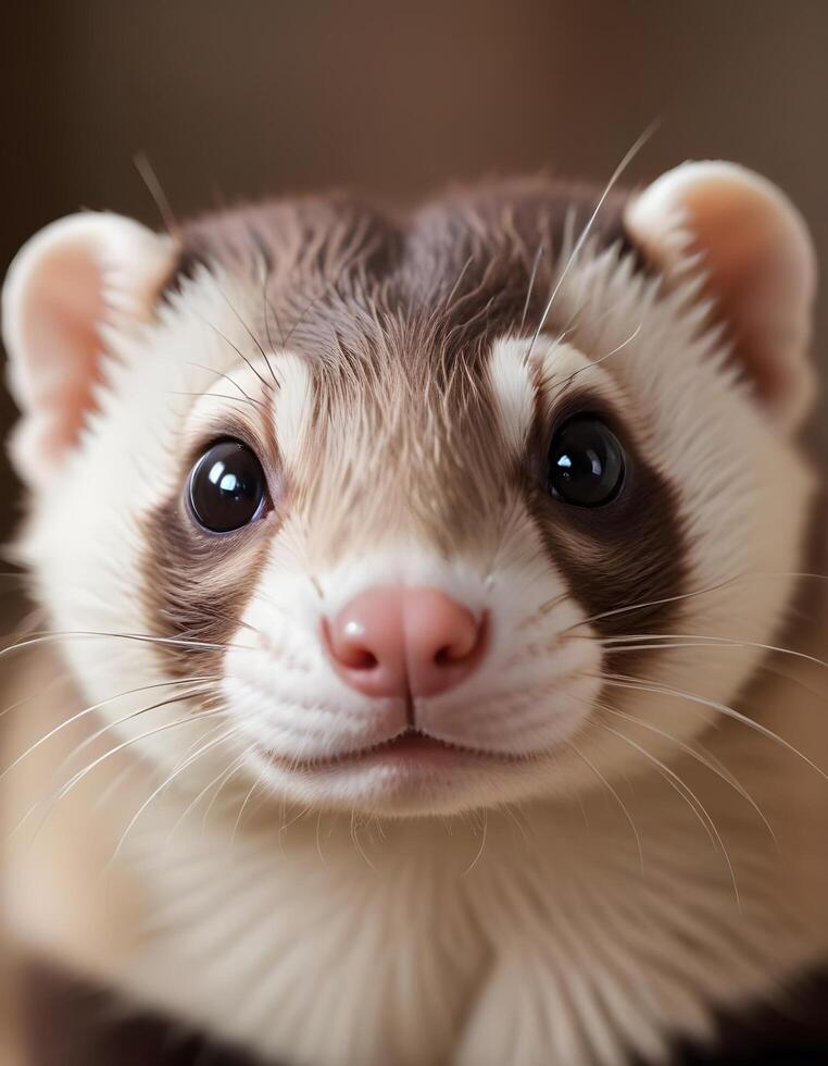 Male ferret with curious expression and bright eyes in soft background photo