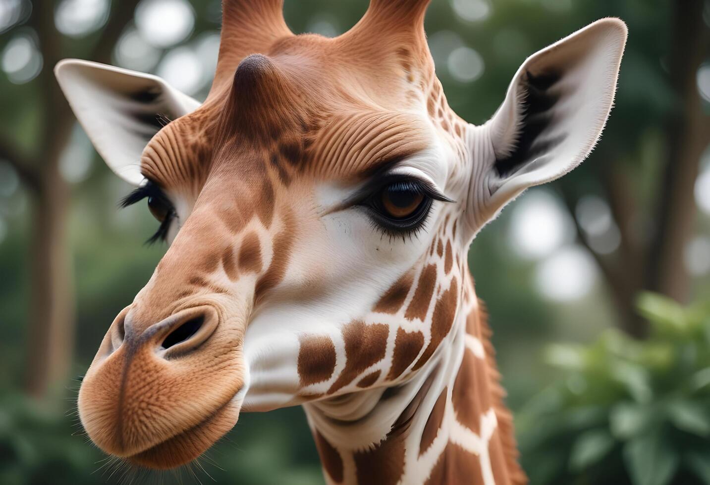 Detailed portrait of a female giraffe emphasizing long eyelashes and coat patterns photo