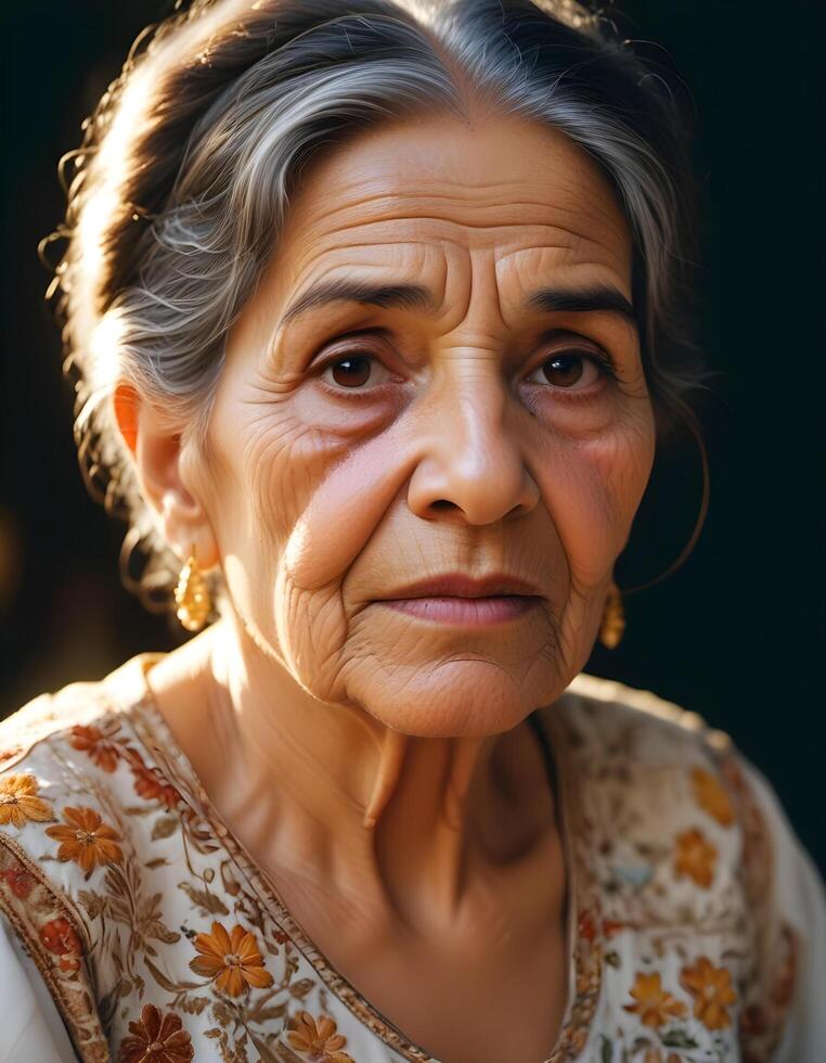 Elderly woman in traditional attire with calm expression and visible wrinkles photo