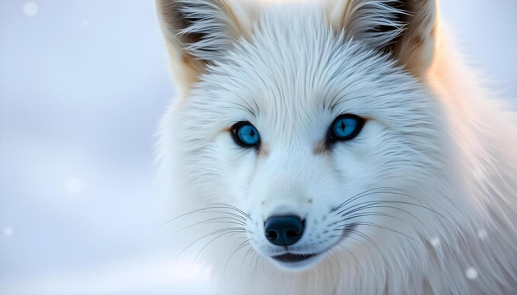 Close up of an Arctic fox, white fur, blue eyes, with snowflakes falling in a winter landscape photo
