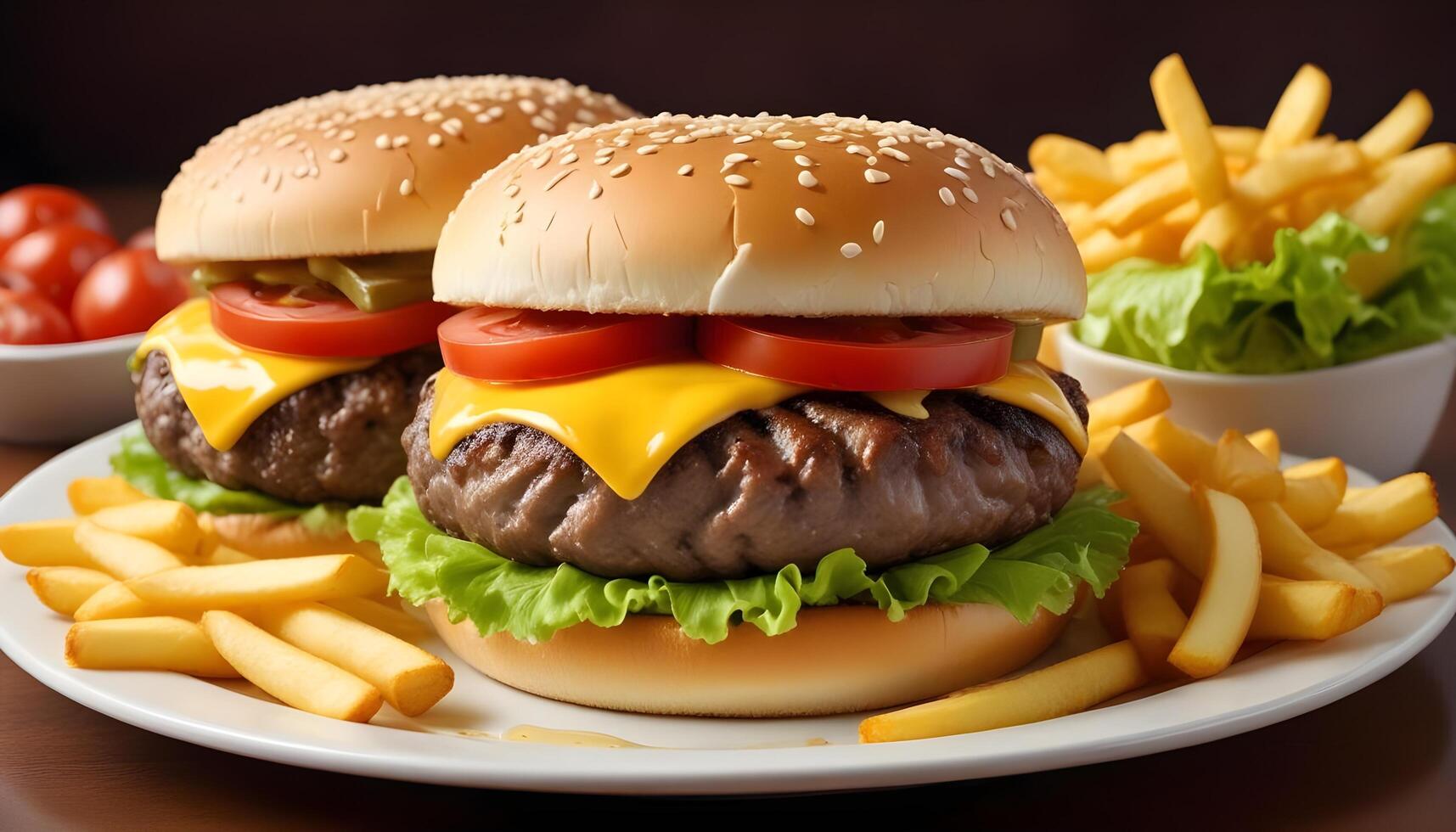 Satisfying double cheeseburger with all the fixings and a side of golden fries photo