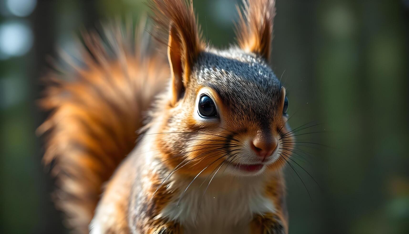 Captivating portrait of a male bushy tailed squirrel in a softly blurred forest setting photo