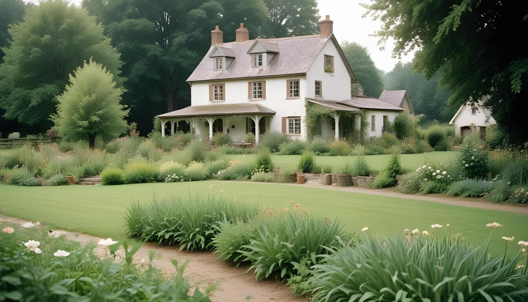 A large white house with a garden in front of it photo