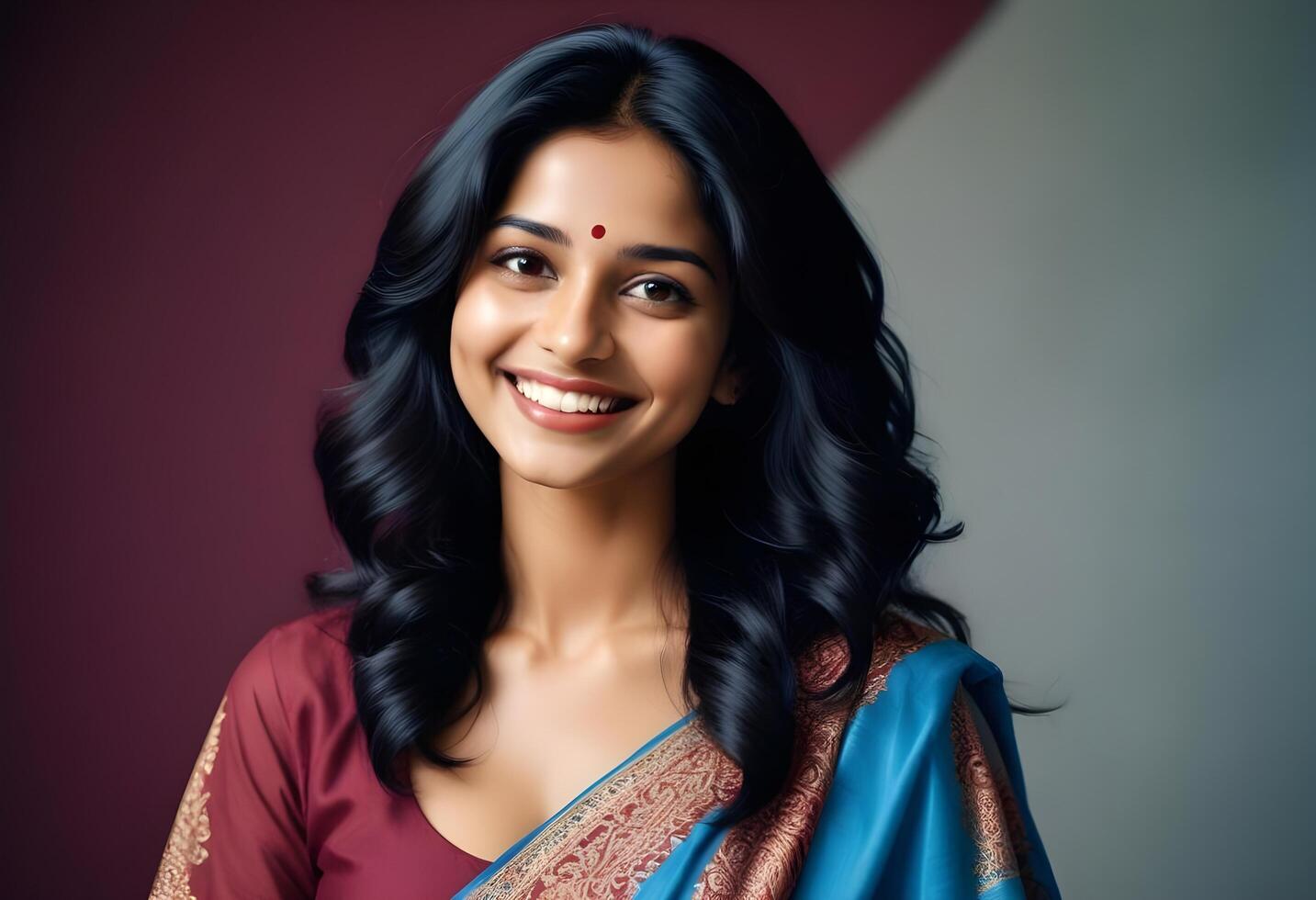 Joyful Indian girl with long hair and a sparkling smile, posed in studio photo