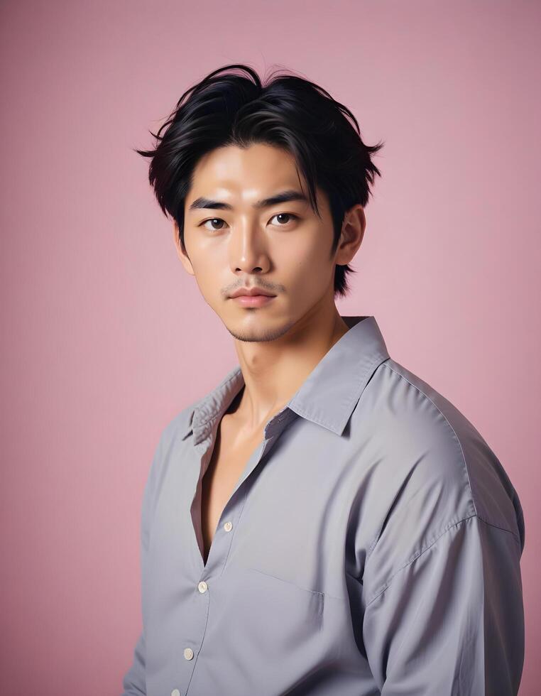Japanese male model dressed professionally, captured in a simple studio setting photo