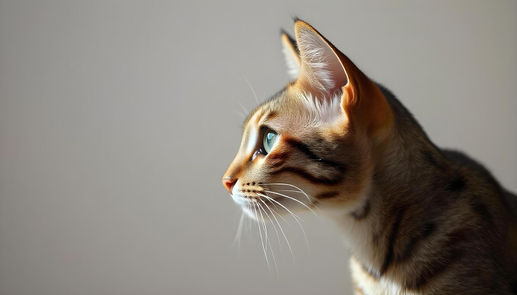 Sokoke cat with marbled pattern and green eyes in side profile, subtle blurred background, focused gaze photo