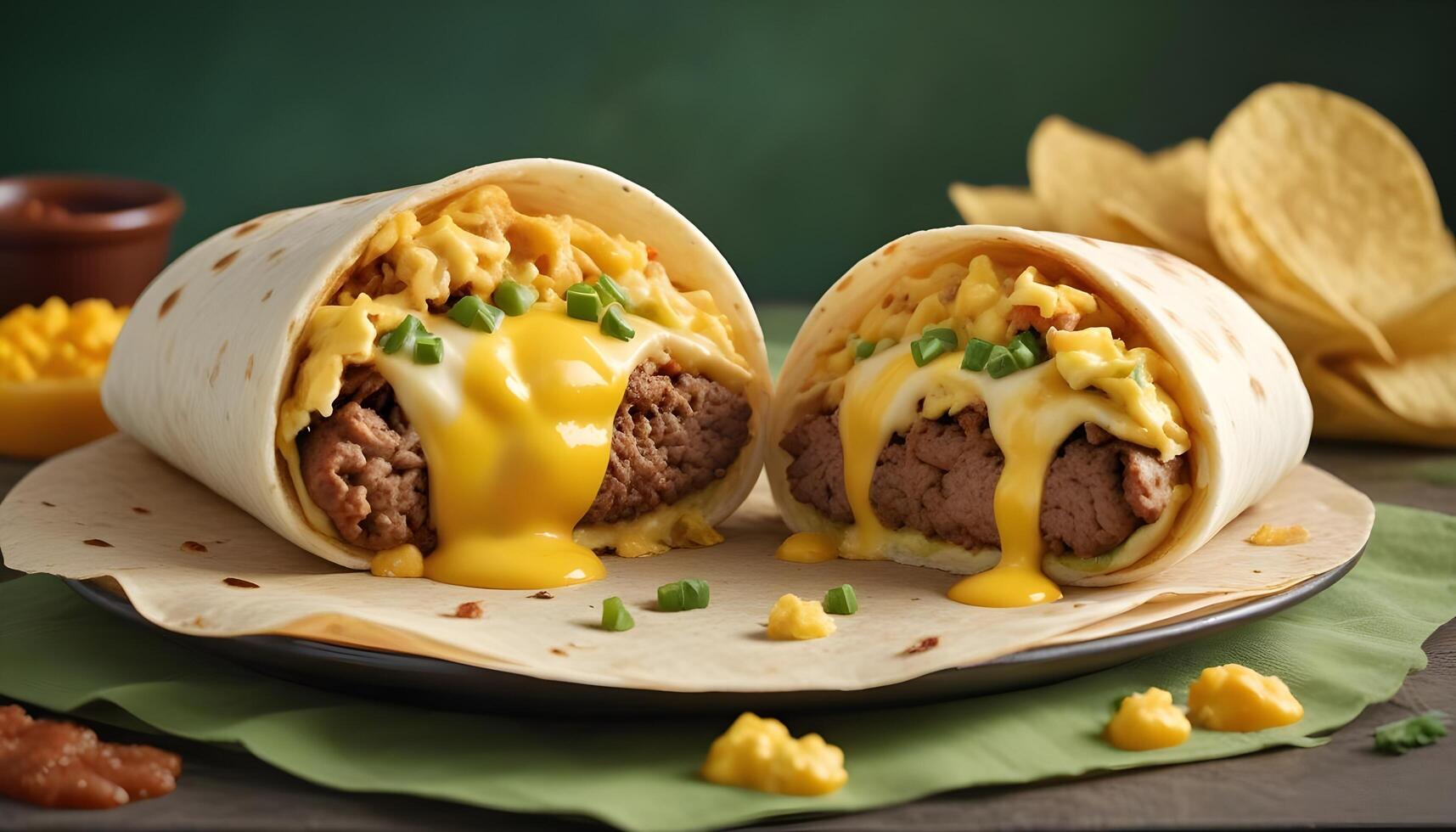 Satisfying breakfast burrito with fluffy eggs, hearty sausage, and gooey melted cheese photo