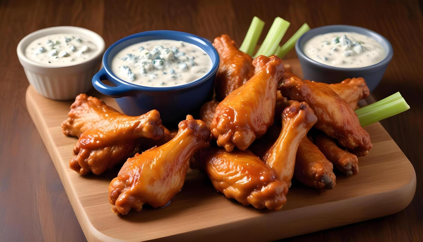Hot buffalo wings with crunchy celery sticks and smooth blue cheese dressing photo