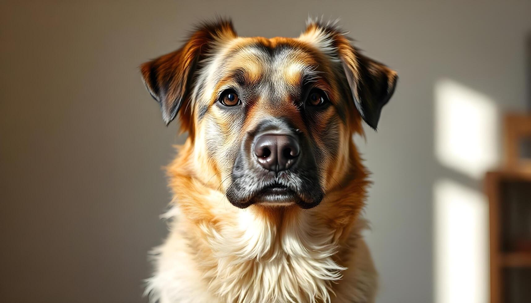 A dog is looking at the camera in front of a window photo