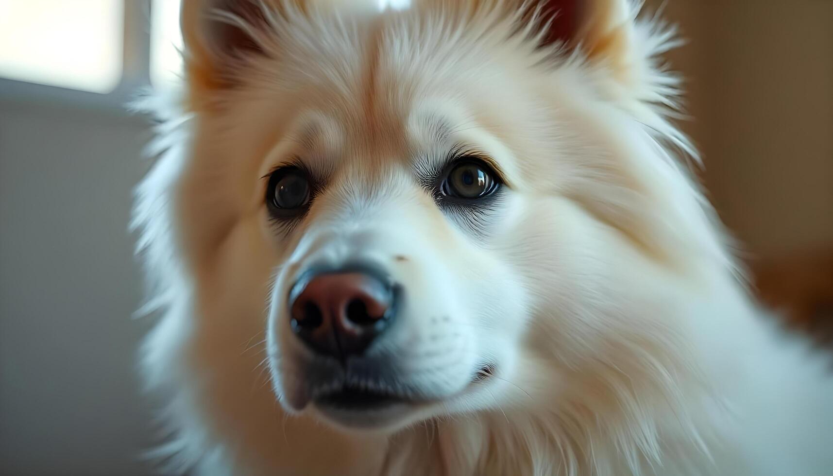 American Eskimo Dog with bright white coat and attentive gaze in natural outdoor light photo