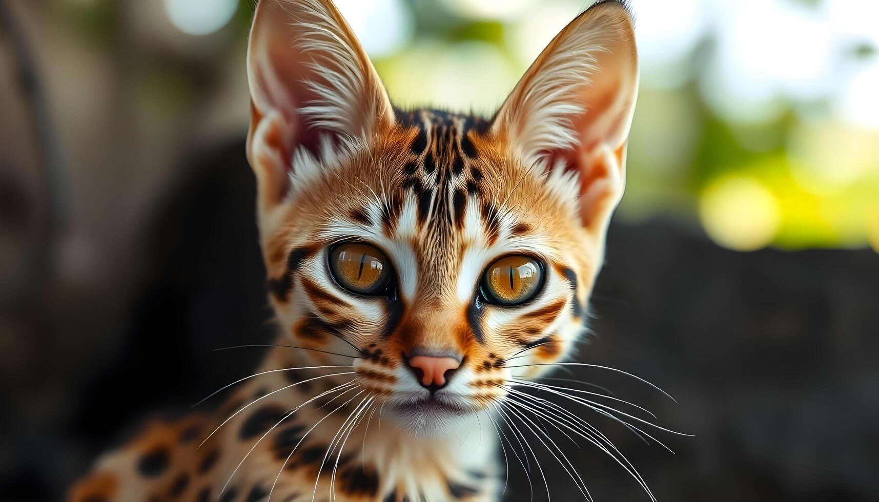 Cheetoh cat with amber eyes and distinct spotted coat gazing confidently at the camera photo