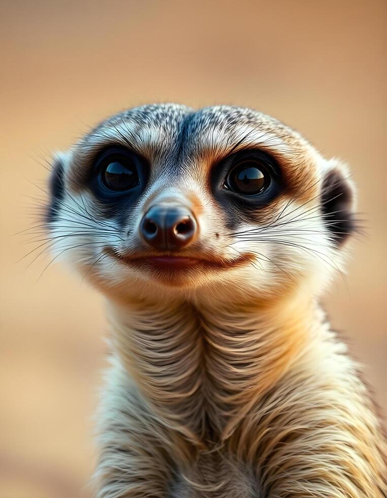 Close up of female meerkat with expressive eyes and textured fur against desert backdrop photo