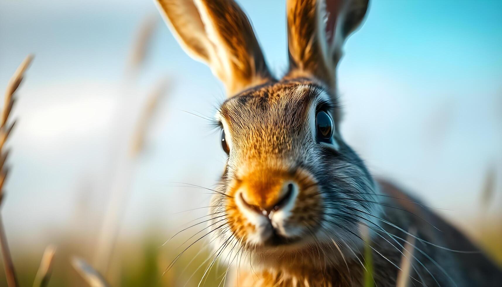 Close up of male European hare with soft fur and focused gaze against blurred meadow photo