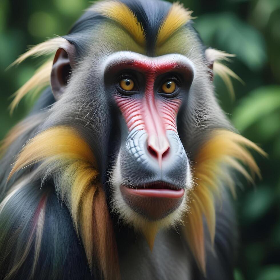 Detailed close up of a male mandrill, showcasing its bold facial colors, sharp eyes, and intricate fur texture against a softly blurred rainforest backdrop photo