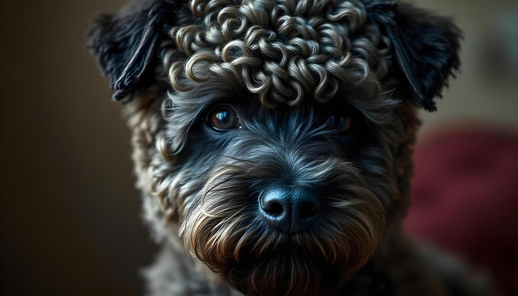 Close up of Pumi with bright eyes and calm demeanor in soft neutral light photo