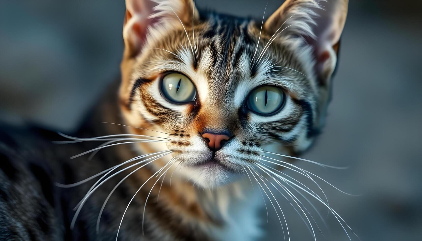 Close up of tabby cat with bright green eyes and direct gaze photo