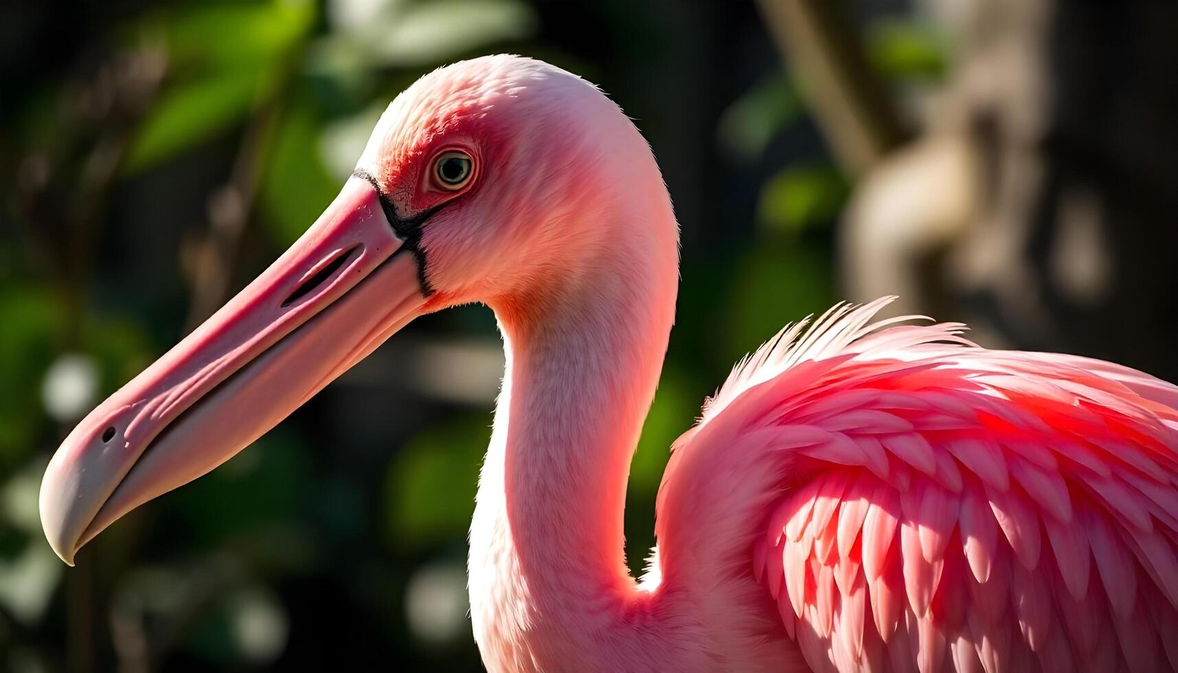 Close up of a Roseate Spoonbill, vibrant pink feathers, curved bill, with soft green foliage in the background photo