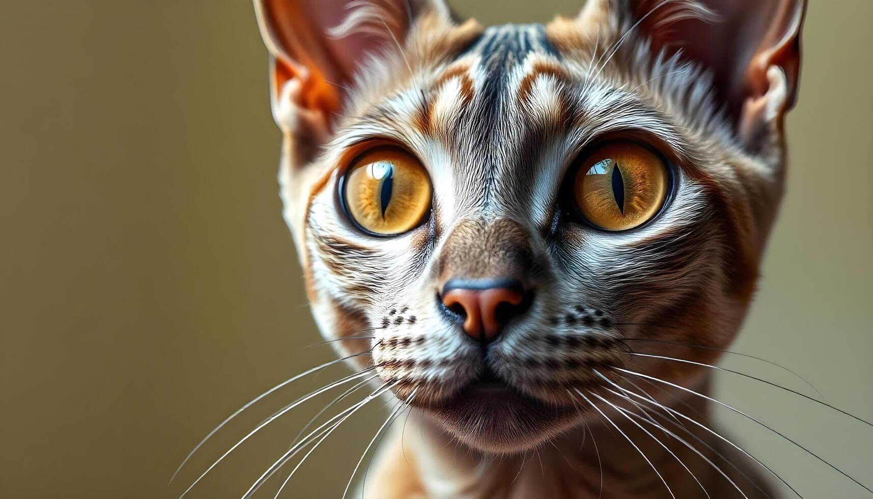 Devon Rex with large amber eyes and wavy fur, captured in natural light photo