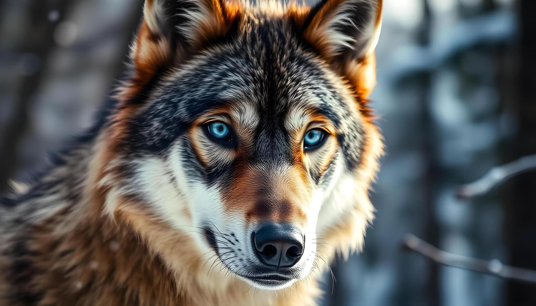 Close up of a wolf, piercing blue eyes, textured fur, soft focus snowy forest in the background photo