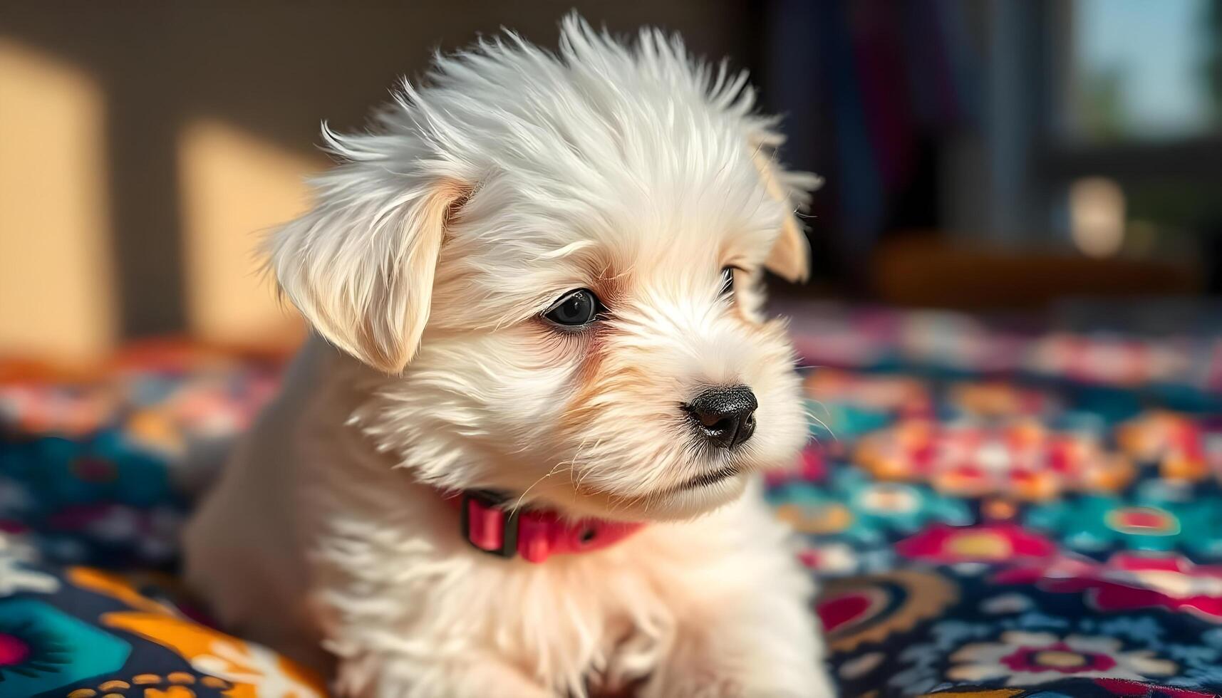 Close up of a fluffy white puppy, pink collar, on a patterned blanket, soft afternoon light highlighting fur photo