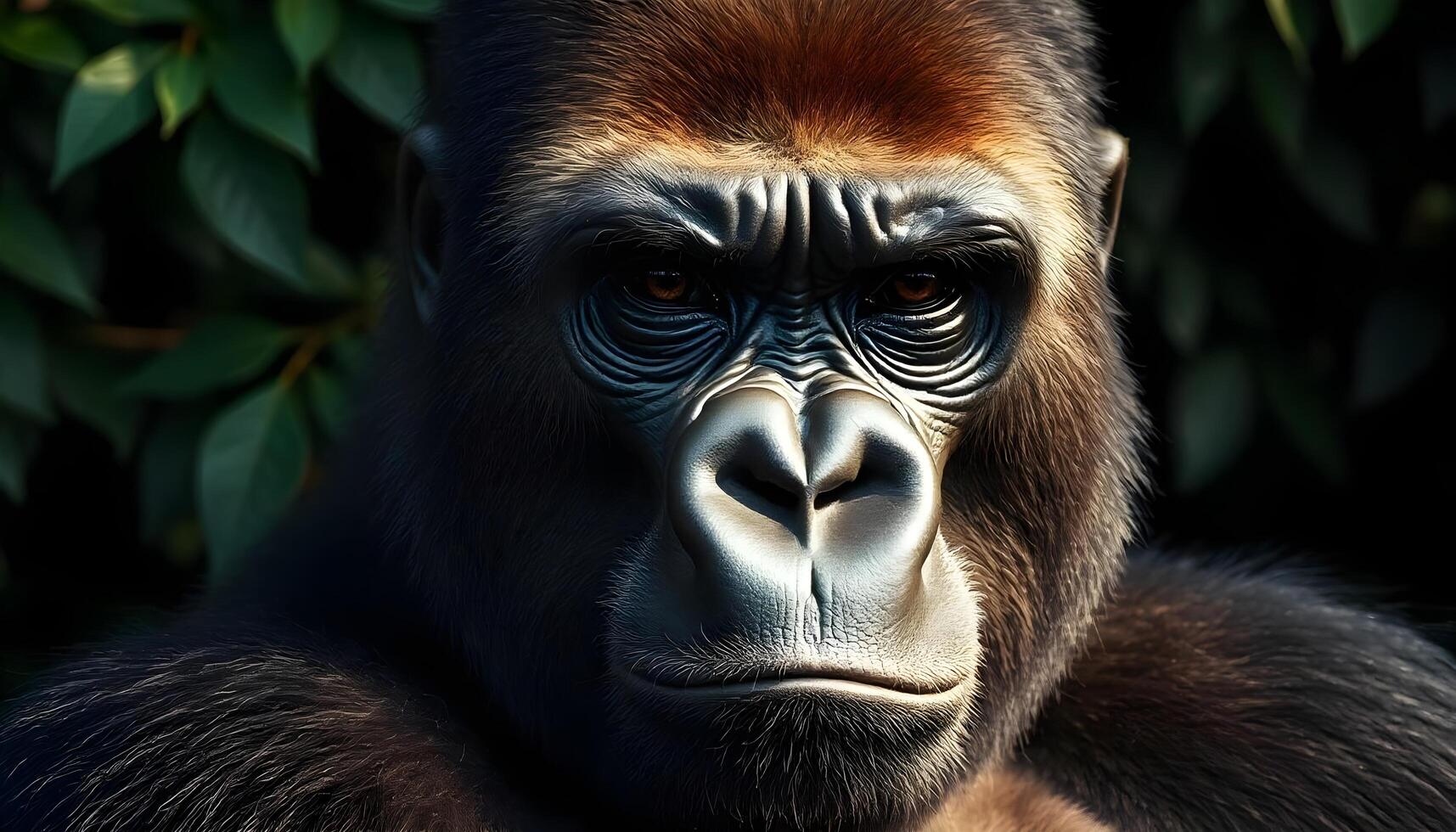 Close up of a gorilla with deep set eyes, muscular jaw, dark fur, with a backdrop of dense greenery photo