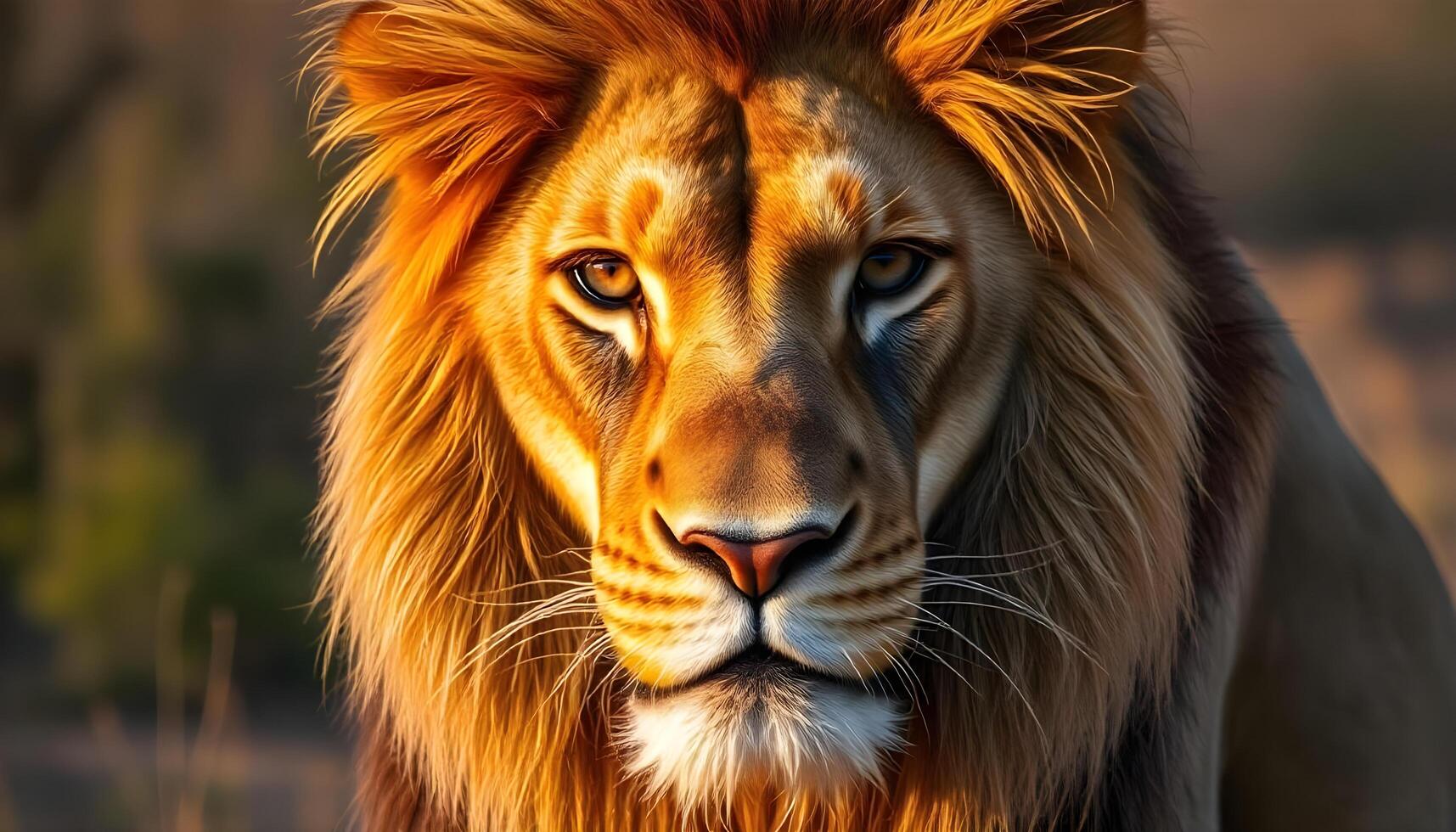 Close up of a lion, majestic mane, fierce golden gaze, rich fur texture, blurred savanna in golden light photo