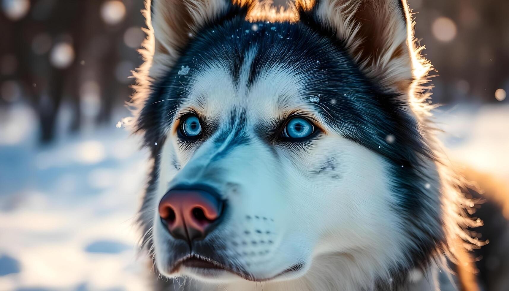 Close up of a Siberian Husky with blue eyes, thick fur, and sunlight catching the snowy backdrop photo